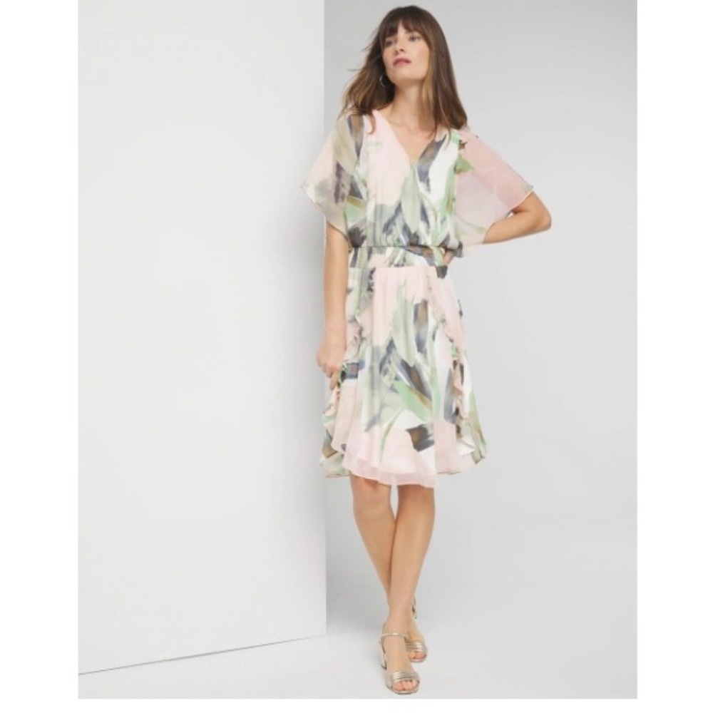 White House Black Market Floral Chiffon Dress Smocked Flutter 4‎ Romantic Summer